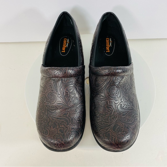 Safe T Step Faux Leather Clogs Women 10 Brown Career Work Floral Embossed SlipOn - Picture 3 of 9